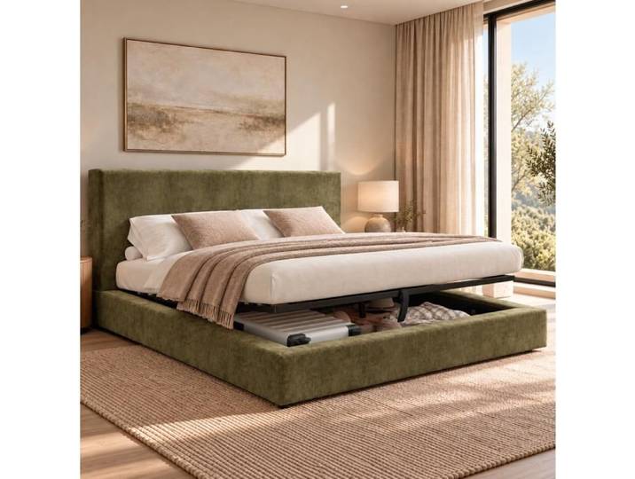 WOVREO Lit coffre double 160 x 200 cm avec sommier à lattes ouverture hydraulique chenille vert olive