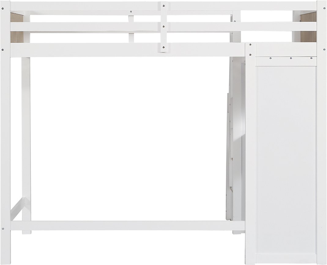 Etagenbett mit Farblich Abgesetztem Fallschutzgitter Schreibtisch und Leiterschrank Kinderbett Hausbett Kiefer+MDF 90x200cm Weiß+Natur