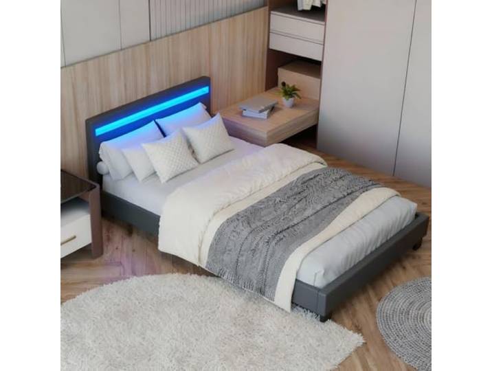 Juskys Polsterbett Paris 120x200 grau mit LED Beleuchtung, Webstoff Stimmungslicht in 16 Farben per Fernbedienung, Jugendbett mit Lattenrost, Kopfteil, ohne Matratze