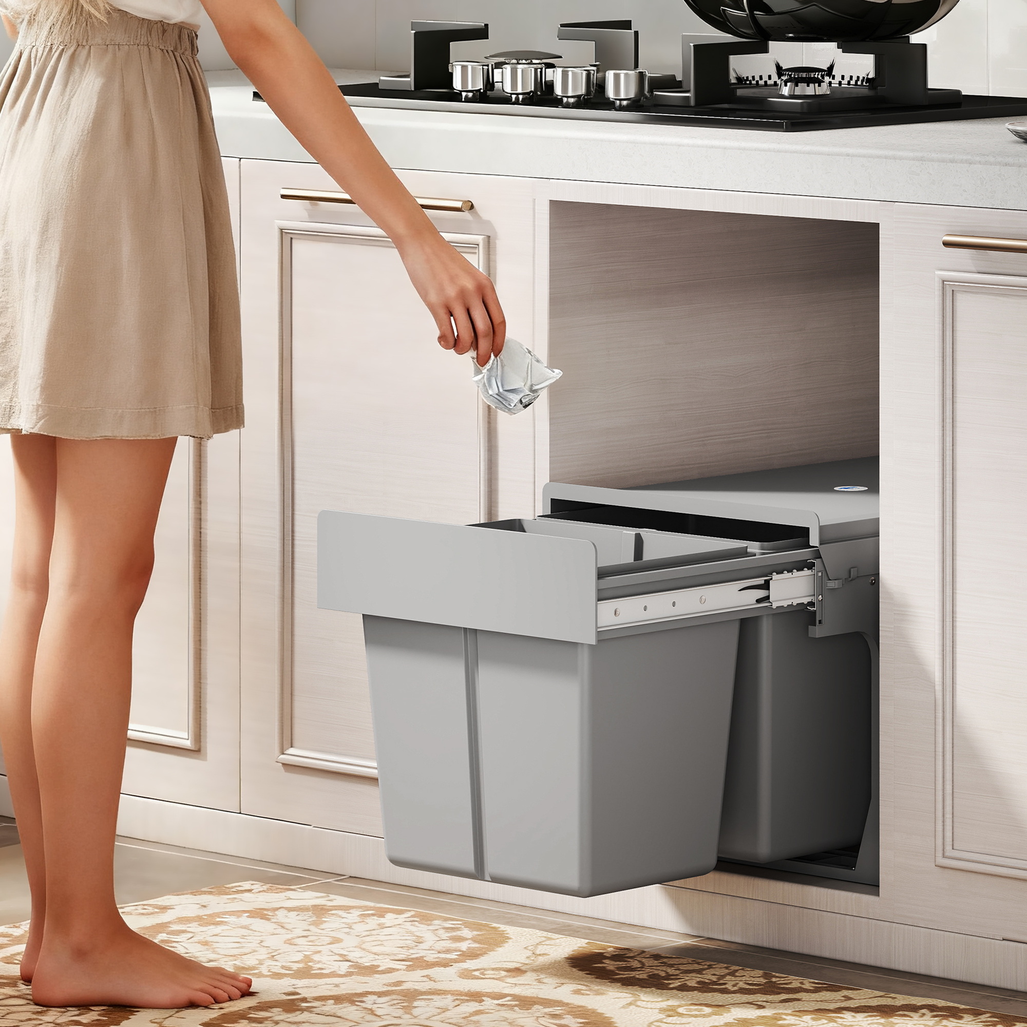 Homcom Cestino estraibile sotto lavello con 2 contenitori Capacità totale 30 L (15 Lx2) Fissaggio inferiore Grigio Chiaro   Aosom Italy
