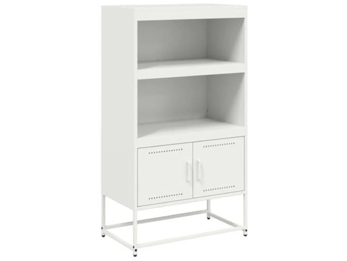 Fisinber Highboard Weiß 68,5x38,5x123,5 cm Stahl Schrank Wohnzimmer Industrie-Stil Beistellschrank aus Metall mit 2 Türen und Fächern für Wohnzimmer und Flur.