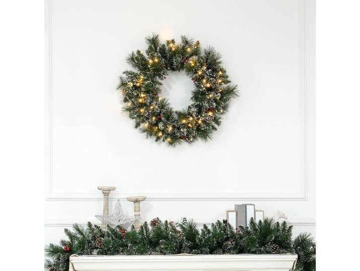 HOMCOM Couronne Noël 60CM LED Baies Pommes de Pin Vert