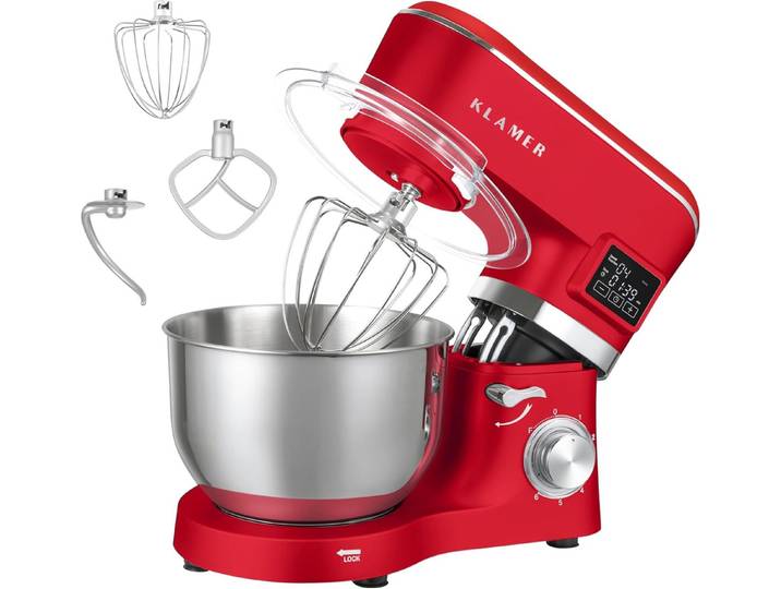 KLAMER Küchenmaschine 1400W, Knetmaschine mit 5,5 Liter Edelstahl Schüssel, 6 Geschwindigkeitsstufen mit Timer, Rührbesen, Knethaken, Schneebesen und Spritzschutz, rot, 1400 W, 5,5 l Schüssel, Spritzschutz, 3 Aufsätze, Saugfüße, digitales Display, Timer