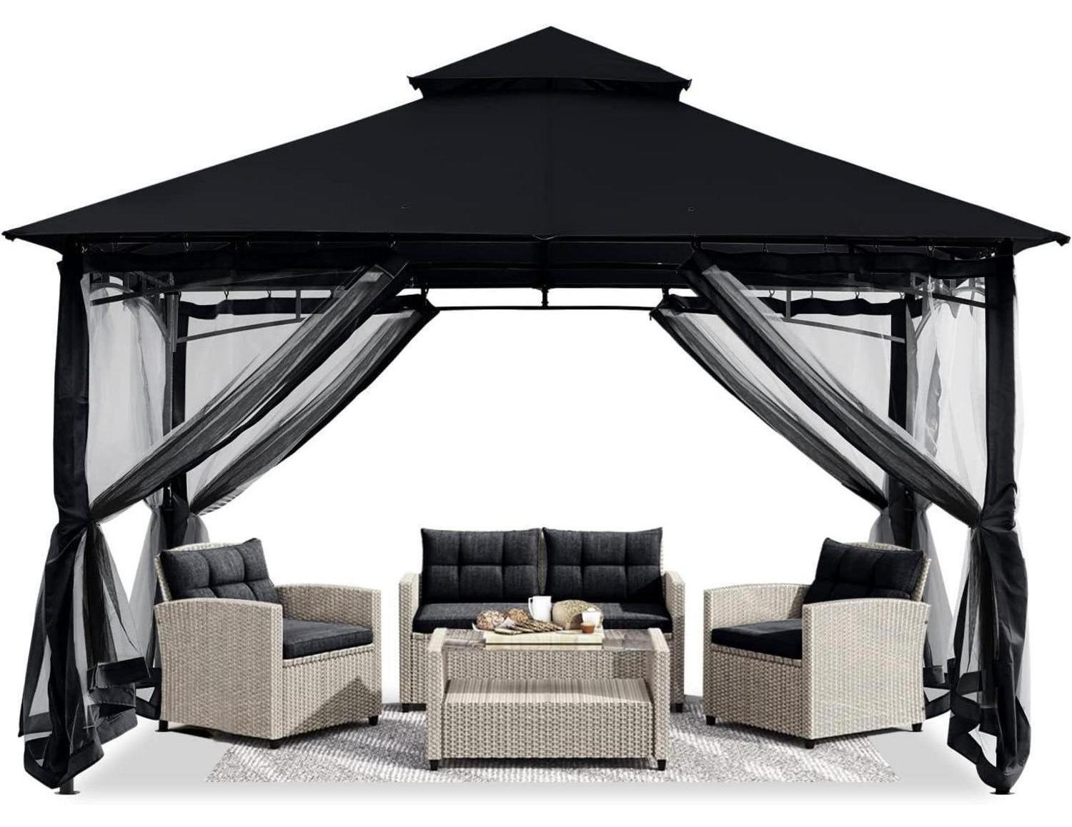 Gartenpavillon 2.5x2.5m mit Netz für Schatten und Regen Schwarz