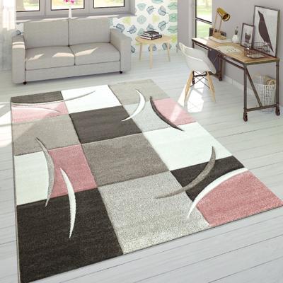 Paco Home Modern Living Room Rug Checkered in pink white grey