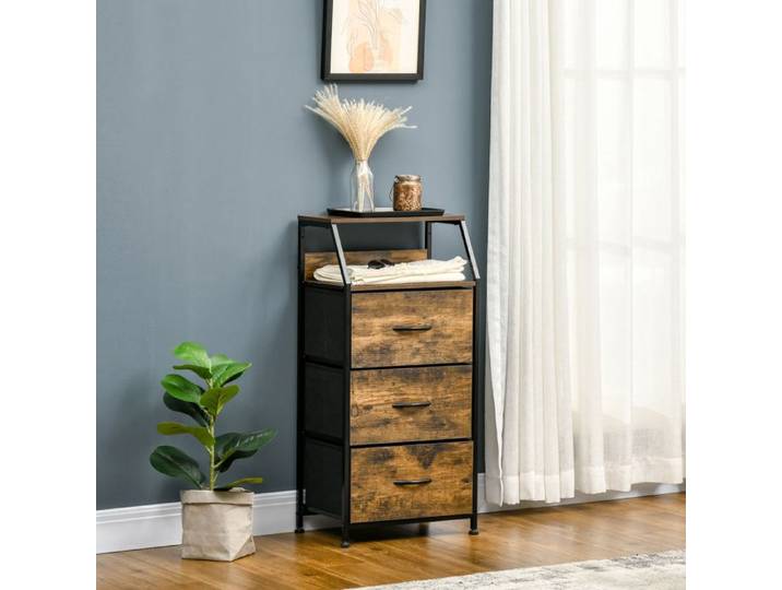 Meuble de rangement - Industriel - 3 tiroirs en tissu - 2 étagères MDF - Cadre en acier
