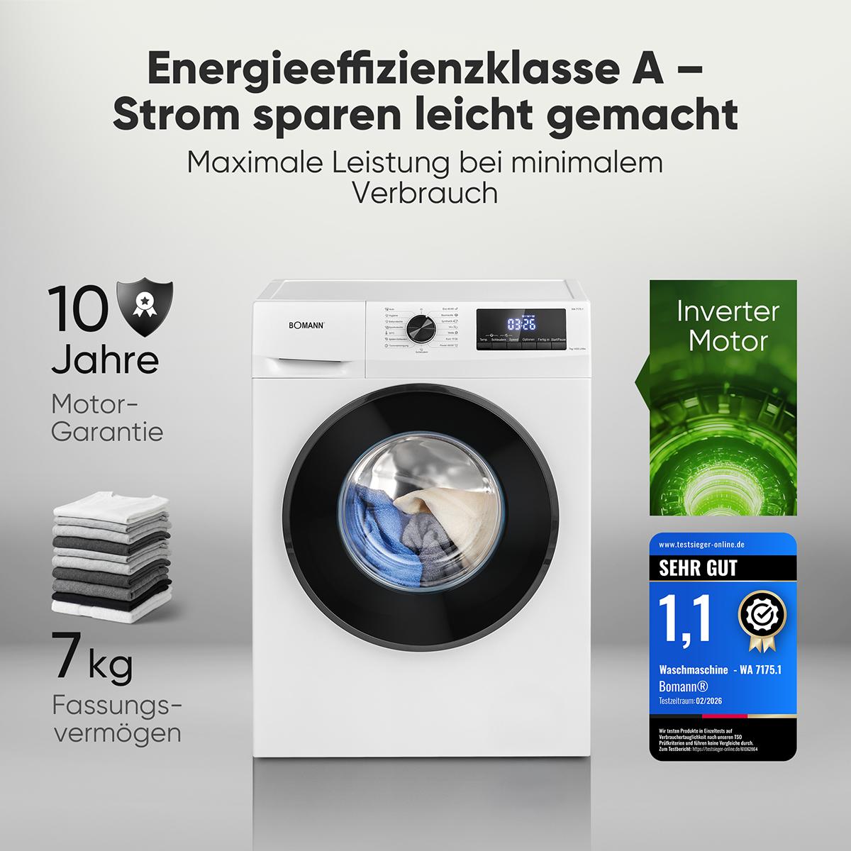 Bomann Waschmaschine 7kg | Invertermotor - effizient, leise & langlebig | max. 1400 U/min | LED-Display | 15 Programme | WA 7175.1 weiß
