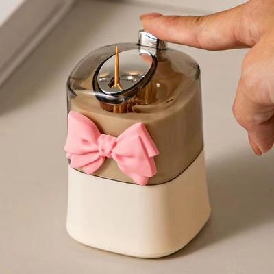 Inspired Finds Creative Automatic Toothpick Storage Box Push Type Pop Up Toothpick Holder pink Ribbon