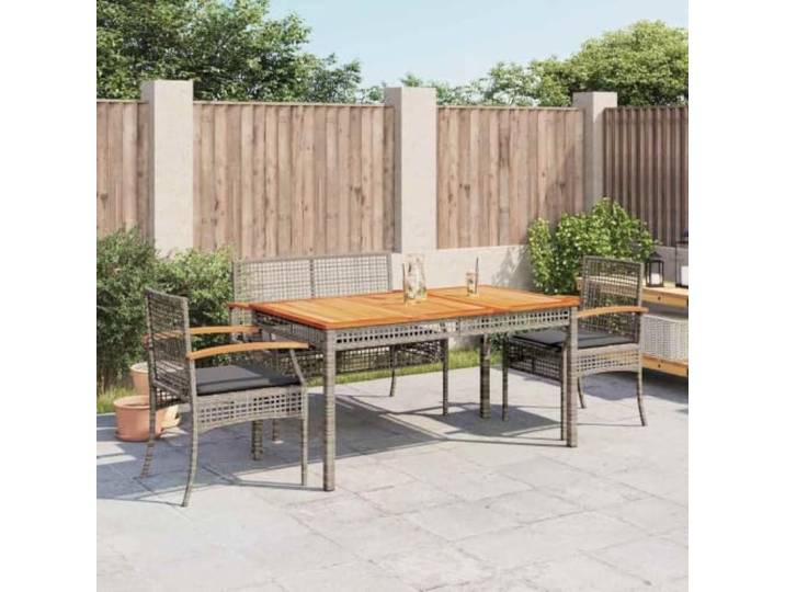 HEFZGDB 4-TLG. Garten-Essgruppe mit Kissen Grau Poly Rattan, Outdoor Esstischgruppe mit Akazienholz Tischplatte und Polsterauflagen, Wetterfeste PE Rattan Gartenmöbel für Terrasse
