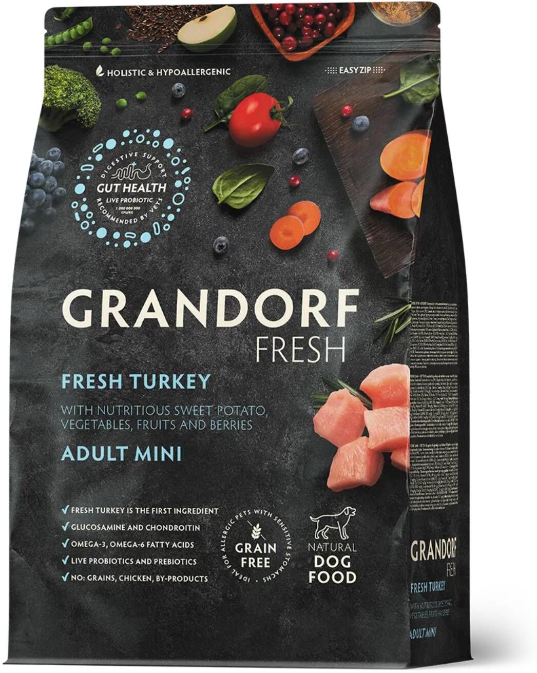 Grandorf Fresh Turkey Adult Mini Breeds con Tacchino e Patate Dolci per Cani Adulti di Piccola Taglia 1 Kg