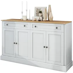 STILVORA Sideboard 150x40x86  mit 4 Türen 2 Schubladen verstellbaren Einlegeböden und stabiler Sockelbasis Antikweiß+Naturholz