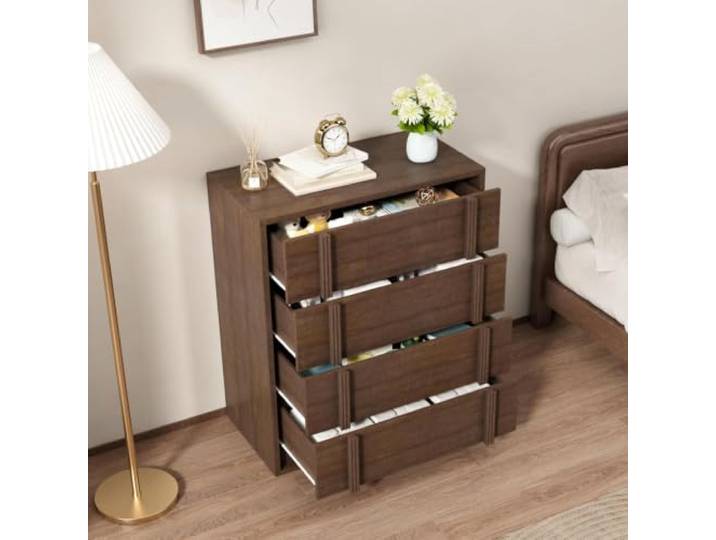 GarveeMore 4-Schubladen-Kommode für Schlafzimmer – Moderne Holzkommode mit vertikalem Griff in Rotbraun