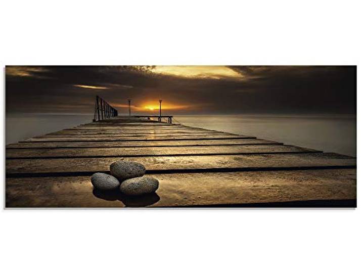 ARTland Wanddeko Glasbilder Wandbild Glas Bild einteilig 125x50 cm Querformat Natur Strand Steg Schwarzes Meer Küste Wolken Himmel Sonnenaufgang S7HW
