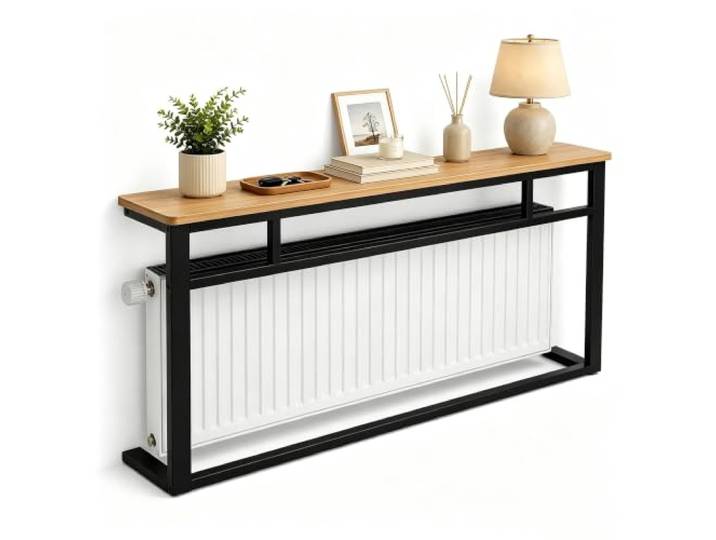 Moderner Heizung Ablage, Konsolentisch, Schmaler Flurtisch Eingangsbereich Echtholz, Stahlgestell, Passt unter Fenster, Heizkörperverkleidung, Wohnraumdekoration(Natural+Black,80*20cm/31*8in)