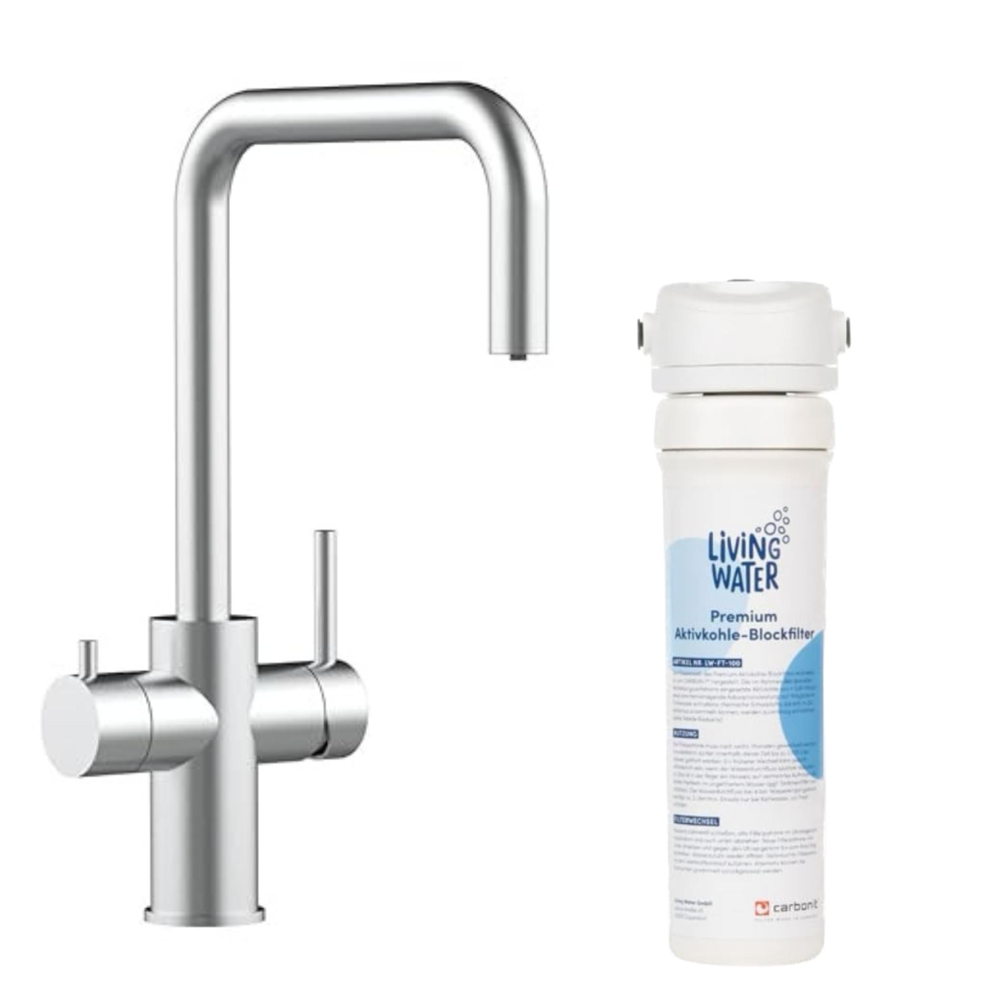 Living Water Wasserfilteranlage, Untertisch-Wasserfilter-Wasserhahn mit 3-Wege-Edelstahl mit N-Auslauf Hochdruck | gebürstet