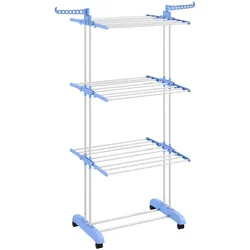 HOMCOM Vertikaler, klappbarer Wäscheständer mit Rollen – 3-stöckiger Wäscheständer mit klappbaren Flügeln, 73 x 64 x 172 cm, blau und weiß