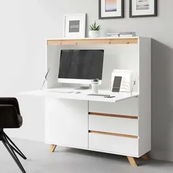 Schranksekretär in Weiß matt und Wildeichefarben Skandi Design