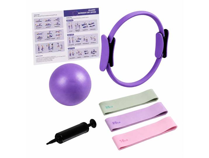 Relaxdays Kit Pilates\, 6 Pcs : Anneau\, Ballon Avec Pompe\, 3 Bandes De Résistance\, Accessoires Maison\, Violet