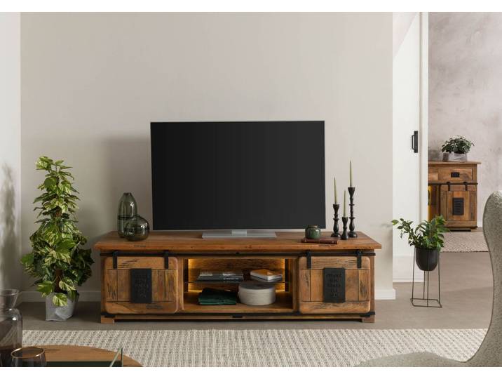 Meuble TV en bois de Manguier / Bois de récupération 180x55x50 naturel laqué RAILWAY LUX #130