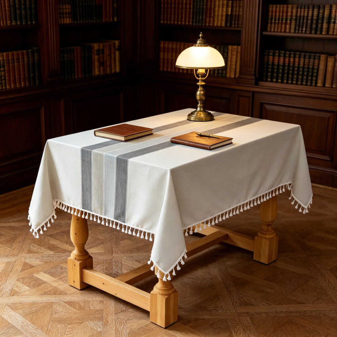 Latitude Vive Rustic Fringe Tassel Rectangular Tablecloth 140x180cm, Washable Cotton Linen Dust-Proof Table Linen For Daily Dining & Party Buffets Grey Stripe 140cm D X 180cm L