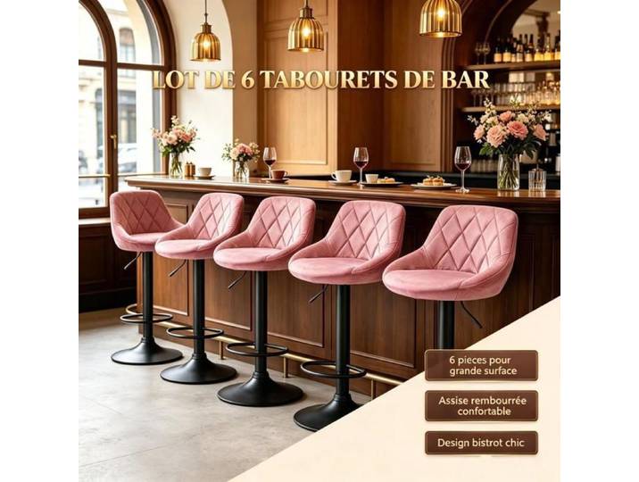 PIPIPOXER Lot de 6 Tabouret de bar velours rose losange chaise comptoir réglable pivot 360° mobilier café salon de bistrot