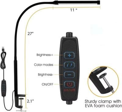 Inspired Finds Dual Head LED Clip On Desk Lamp With Remote And 5 Color Modes Adjustable Architectural Reading Light black 1 Head