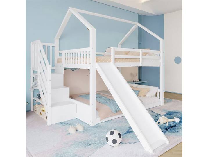 Lits superposés - SINGULARITY - Cabane avec toboggan - Escalier rangement - 140x200 cm - Blanc