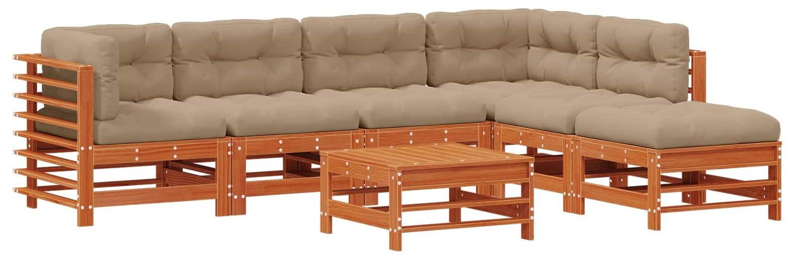 Modulares Lounge-Set, 7-teilig - Dunkelbraunes Nadelholz - 7 Sitzplätze - Mit Kissen - Für Terrasse und Garten