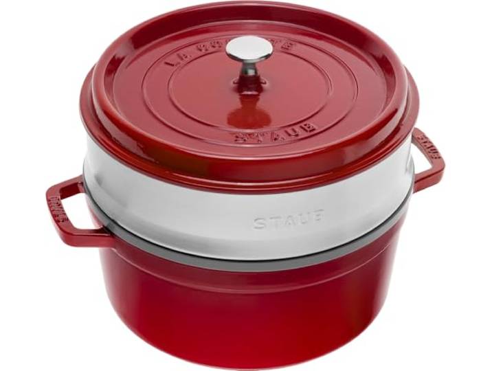 STAUB Cocotte, Gusseisen Bräter mit Dampfeinsatz aus Edelstahl, 26 cm, 5,25 L, Rund, Alle Herdarten inkl Induktion, Made in France, Kirsch-Rot