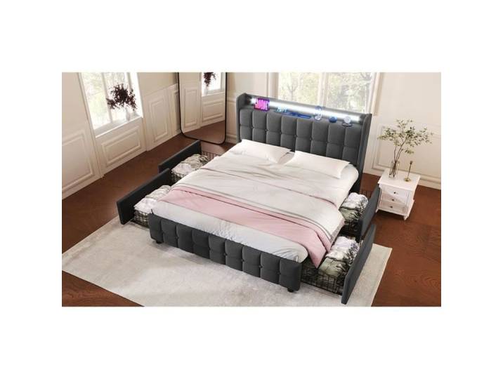 Lit double - MARQUE - 160x200cm - Tête de lit avec USB - Éclairage LED - 4 tiroirs de rangement