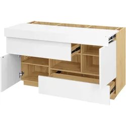 Sideboard Hochglanz 120x76x37 cm Weiß mit Holzmaserung, LED-Licht App-gesteuert, Musikmodus, moderne Aufbewahrung für Wohnzimmer