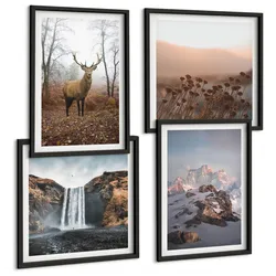 BILDER SET 4er Set - 50x50 cm & 40x60 cm Schwarzer Rahmen - Wilde Landschaften, Berge, Hirsche