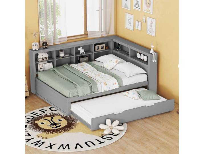 Lit gigogne - SOGEU - 140x200 + gigogne 90x190 - Gris - Prise USB - Rangements intégrés
