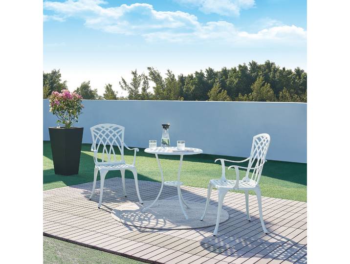 Bistro-Set 'Vena' 3-tlg. Tisch mit 2 Stühlen max. 120 kg Schirmloch Aluminiumguss Weiß