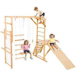 VEVOR Indoor Spielplatz Klettergerüst (8 in 1), 100 kg belastbares Montessori-Kletterspielzeug-Set mit Rutschen/Schaukeln/Klettergerüst/Turnringen/Holz-/Strickleiter/Kletternetz/Stange