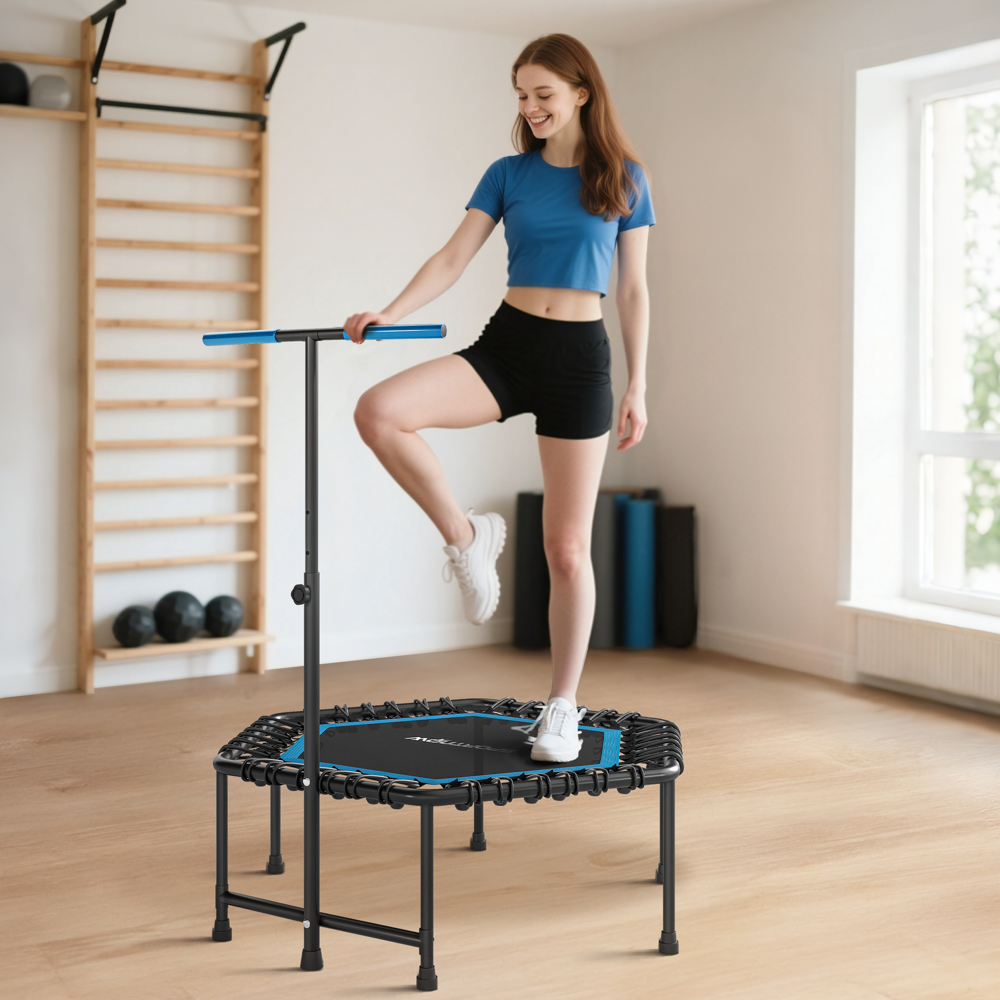 Sportnow Trampolino Elastico per Adulti Ø114cm, Tappeto Elastico con Maniglia Regolabile a 36 Molle Bungee, Blu   Aosom Italy