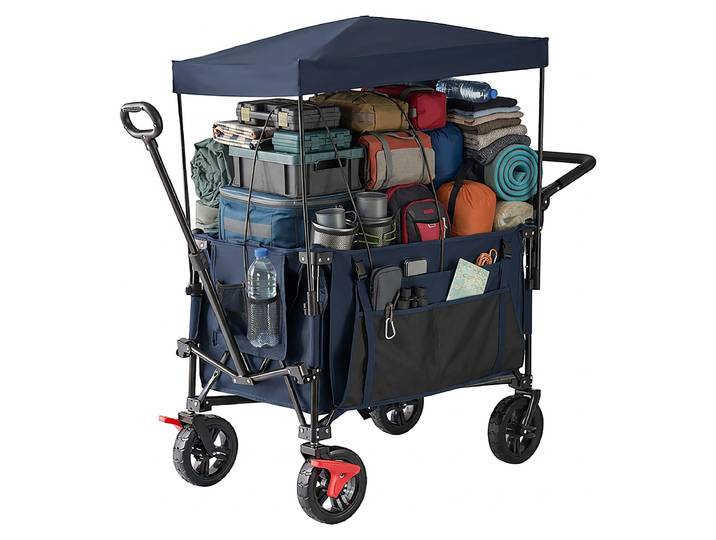 Relaxdays Bollerwagen, faltbar, 150 kg, Dach, Teleskop- & Schiebegriff, Gummireifen mit Bremse, Transportwagen, blau