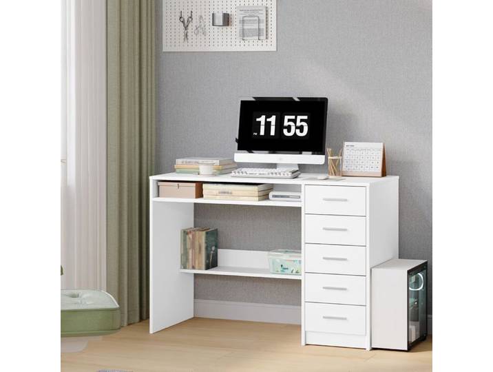 Bureau Moderne Blanc 108x50x75 cm 5 Tiroirs Rangement Spacieux pour Chambre et Bureau Design Épuré et Fonctionnel