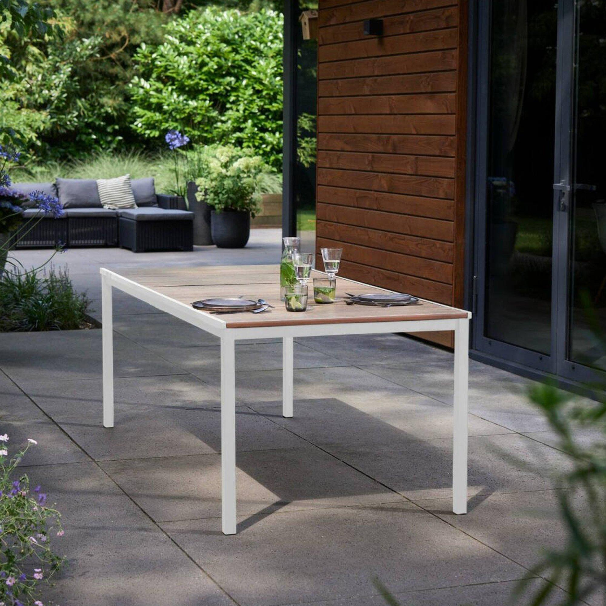 Dmora Outdoor Tisch Sarnia 200x95x75 cm, 8 Sitze, UV-resistent, Eichebraun, vielseitig, platzsparend