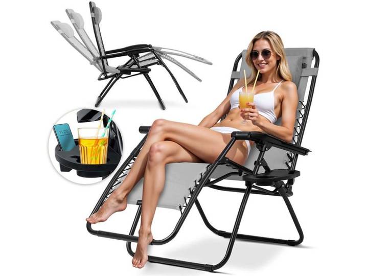 Chaise longue de jardin pliable - Sofotel - Coussin inclus - Gris - 110x102x60 cm - Textilène imperméable