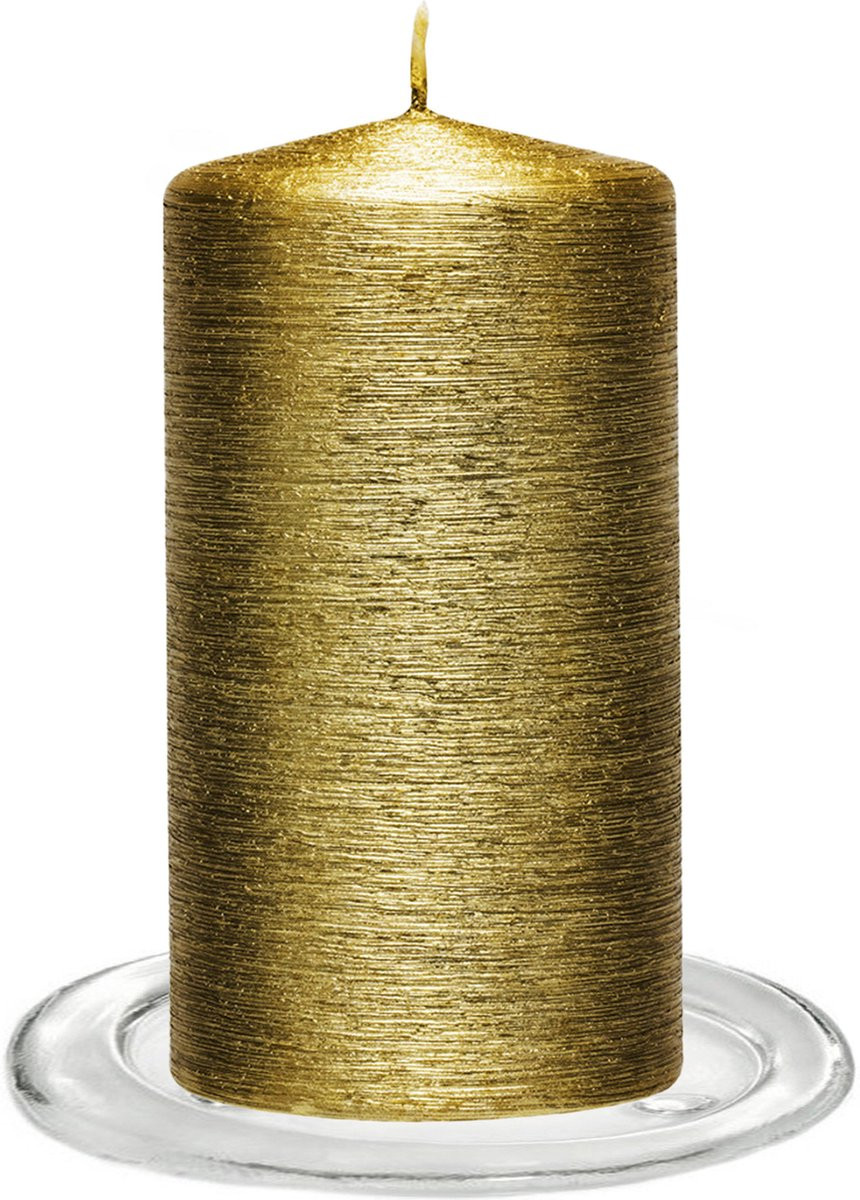 Trend Candles Set van 2 Stompkaarsen met Glazen Onderzetters - Goud - 7 x 13 cm