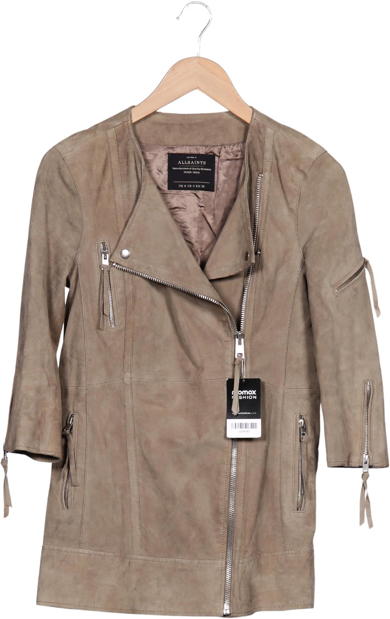 All Saints Damen Mantel, Beige, Gr. EU 36, Leder / Viskose - Second Hand