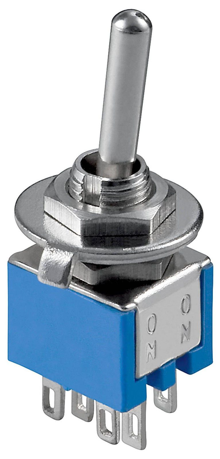 Dripio Miniatuur tuimelschakelaar met 6 aansluitingen en 3 standen, blauw/zilver