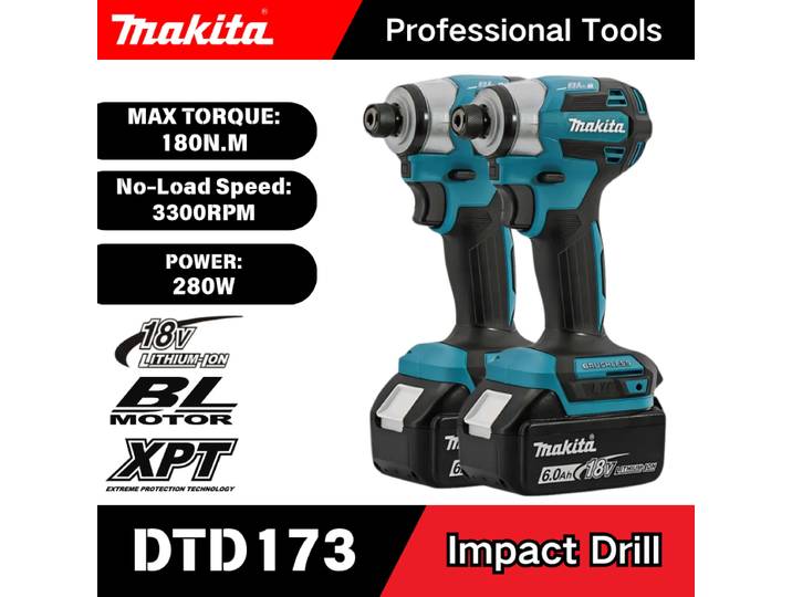 Makita DTD173 – tournevis à percussion sans fil, 3600 tr/min, moteur sans balais, perceuse électrique, mode bois/boulon/T, pour Makita 18V, 180Nm
