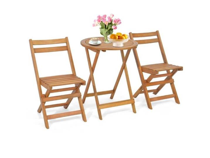COSTWAY 3PCs Salon de Jardin Pliable en Bois d'Acacia - Ensemble de Table et 2 Chaises Conception à Lattes - Salon Terrasse