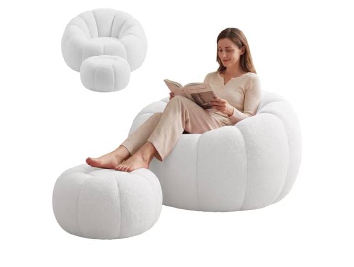 Sitzsack Sessel in Kürbisform mit Fußhocker, riesiger Kissen-Sessel aus weichem Flanell mit hochdichter Füllung, bequemer Entspannungssessel ohne Gestell für Wohnzimmer Schlafzimmer Kinderzimmer