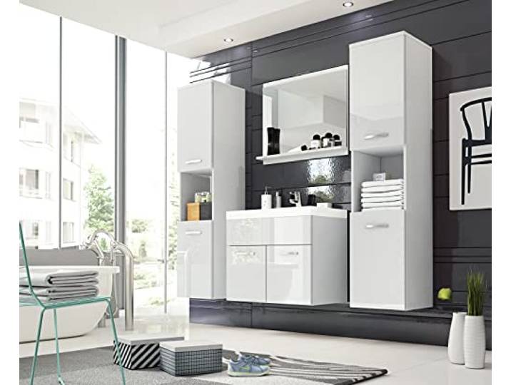 MINIO go for it - 4-Teilig Badmöbel Set Monal, Spiegel mit Regal Schrank mit Waschbecken Laminierte Spannplatte Weiß Matt und Weiß Hochglanz