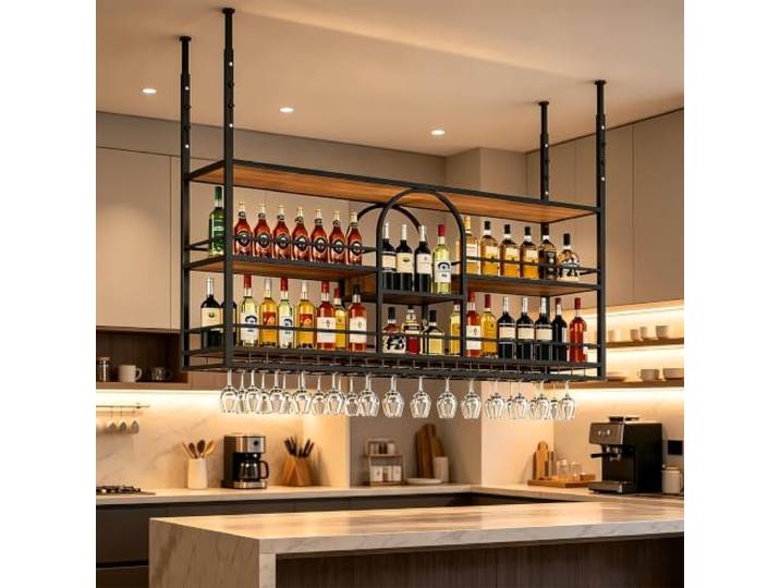 Decken‑Weinregal 100 cm, höhenverstellbar mit Gläserhalter für Bar Küche Eisen & Massivholz, Hängeweinregal im Industriestil, mit Schutzgeländer, für Bar Café Restaurant Kücheninsel