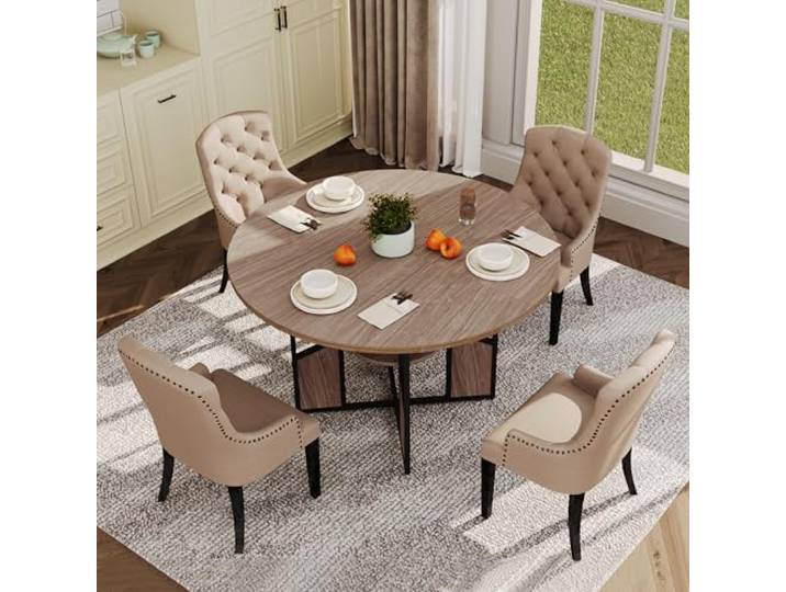 Zstar Runder Esstisch Ø150 cm, Farmhouse-Holztisch für 4–6 Personen – Mittelfußgestell, höhenverstellbare Füße, optionaler Ablageboden/Stauraum – Farbe: Walnuss