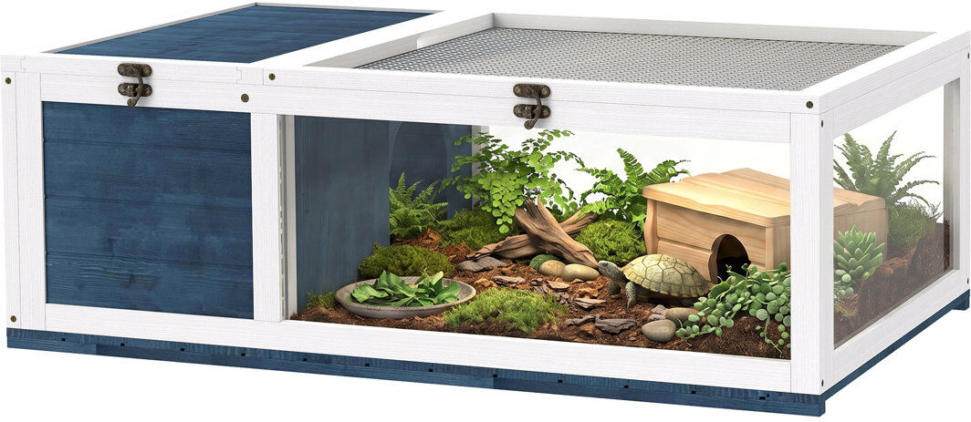 PawHut Tortoise House with Mesh Roof Small Pet Reptile Wooden House - Blue Blue 32cm H X 91cm W X 60.5cm D